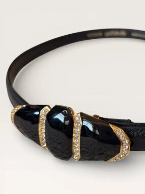 Vintage Gail Labelle 80s Jeweled Belt Black Leather Thin Belt Statement Buckle